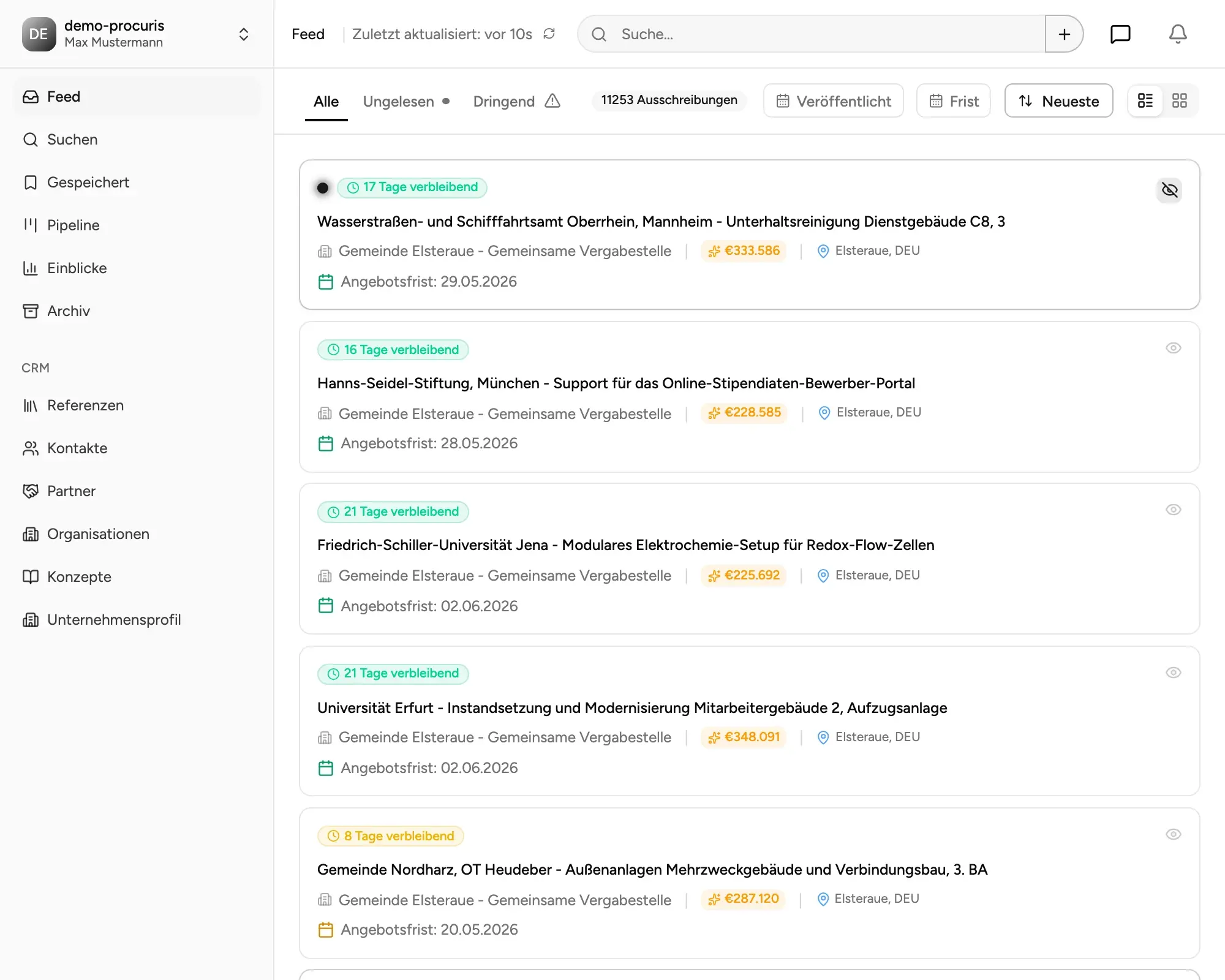 procuris Ausschreibungs-Feed mit KI-Ähnlichkeitssuche, geschätztem Auftragsvolumen und Relevanz-Score je Vergabe