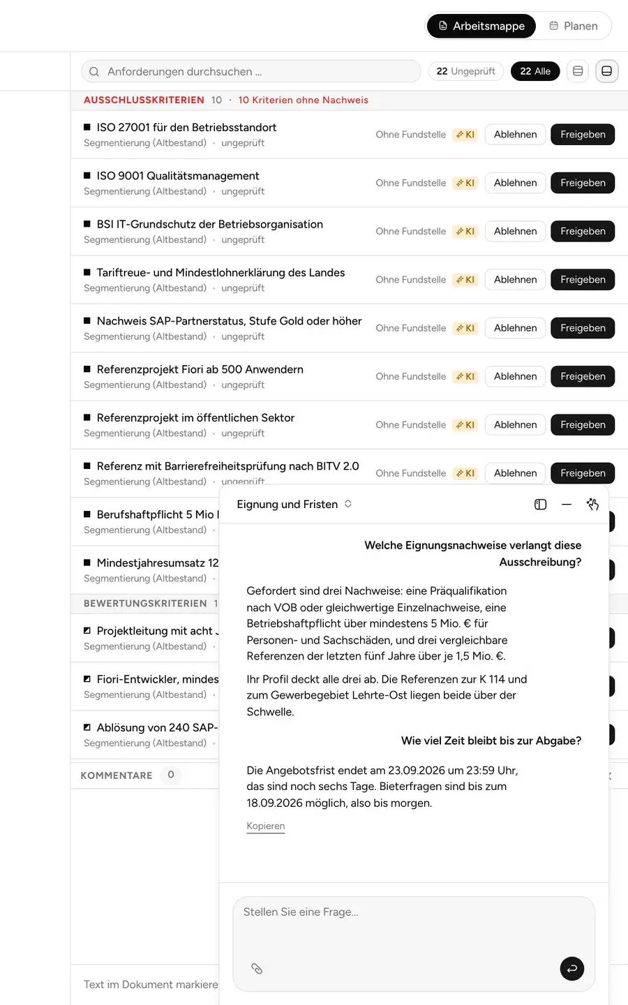 Die Arbeitsmappe: 22 aus den Unterlagen gezogene Anforderungen zum Freigeben, darunter der Assistent, der die Eignungsnachweise aus den Dokumenten beantwortet