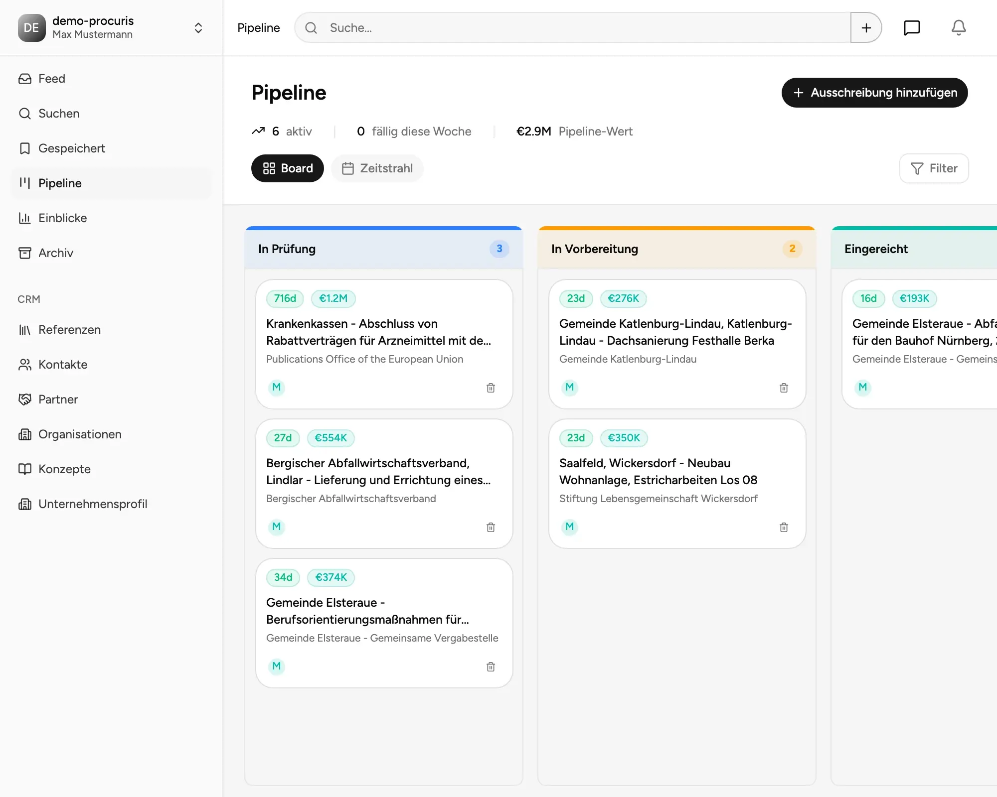 procuris Vergabe-Pipeline mit Kanban-Board, Kalender- und Timeline-Ansicht sowie Aufgabenverteilung im Team