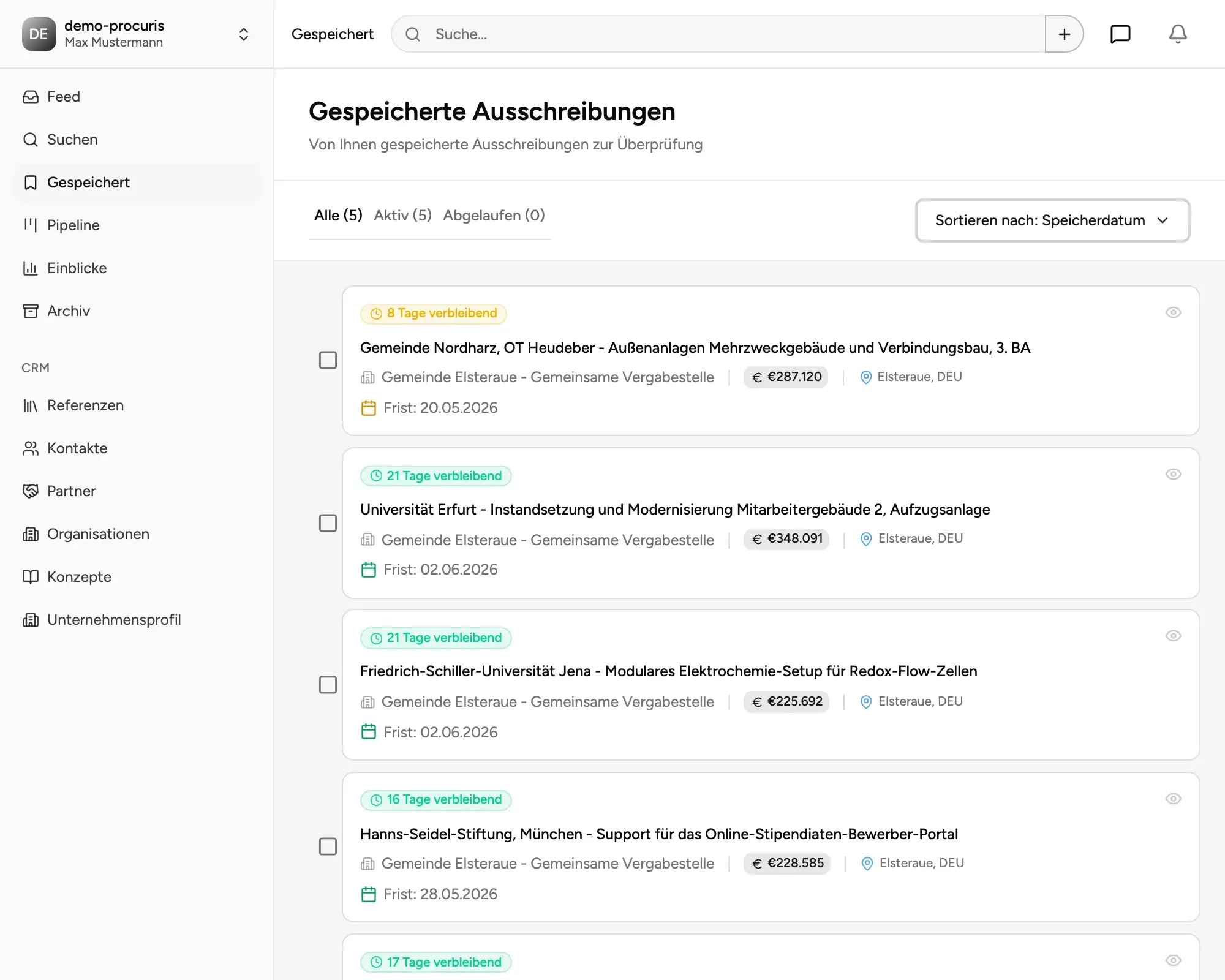 procuris Merkliste mit gespeicherten Ausschreibungen, aktiven Suchaufträgen und E-Mail-Benachrichtigungen zu neuen Treffern